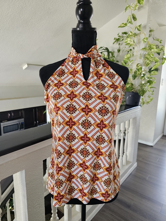 Tea Please Tops - TEA PLEASE - Halter Neck Printed Women’s Top - Orange Floral Pattern - S -